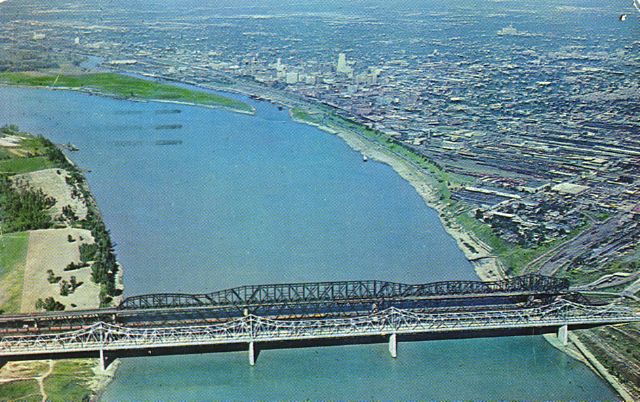 Mississippi River, Memphis, Tennessee.  Three bridges cross the Mississippi at Memphis.